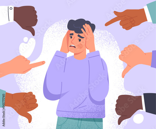 Concept of conviction. Young guy covers his head with his hands and hides from his fingers. Negativity and aggression, bullying and insults. Poster or banner. Cartoon flat vector illustration