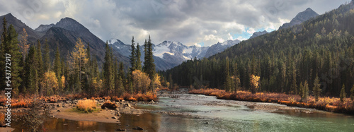 Panoramic view of a mountain river, autumn landscape, forest along the banks and a gloomy sky