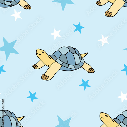 children's vector blue pattern for boys, turtle and stars.