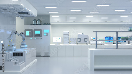 White futuristic laboratory interior in semiconductor manufacturing factory