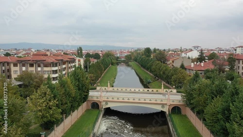 Aerial view of porsuk river in Eskisehir,TURKEY.4K UHD aerial video.