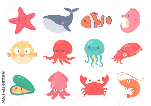 Cute aquatic creatures in the ocean. Aquatic animals for cooking seafood