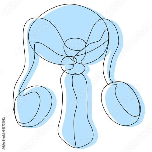 Man Genital organs in one line with a blue silhouette on a white background. The concept of male health, reproductive functions. Stock vector illustration with the contour of the genitals.