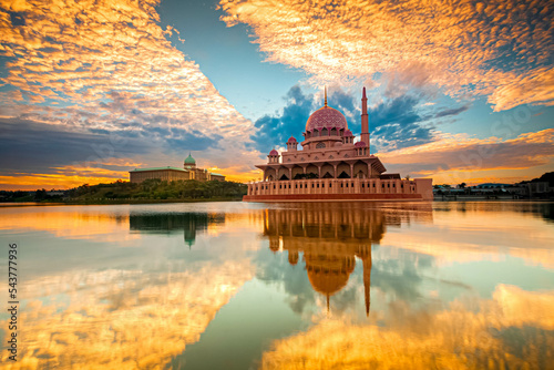 Putra mosque during sunset sky, the most famous tourist attraction in Malaysia.