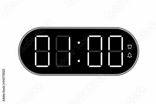 Vector flat illustration of a digital clock displaying 01.00 . Illustration of alarm with digital number design. Clock icon for hour, watch, alarm signs.