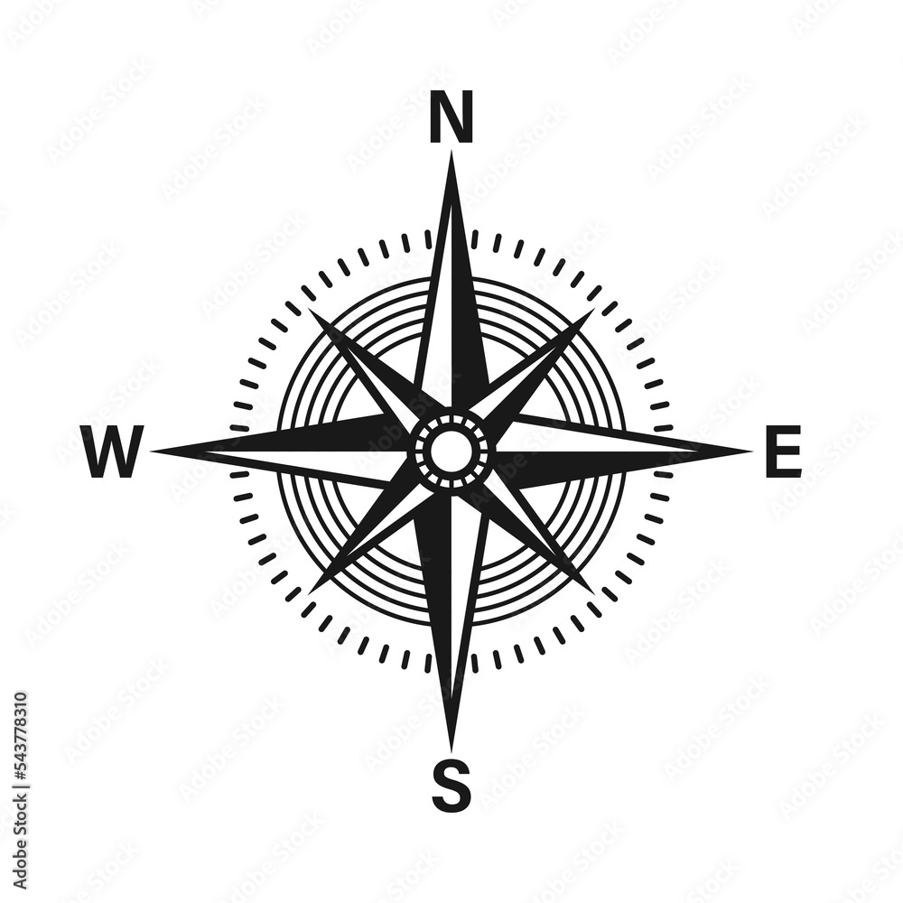 Vintage marine wind rose, nautical chart. Monochrome navigational compass with cardinal directions of North, East, South, West. Geographical position, cartography and navigation. Vector illustration. - obrazy, fototapety, plakaty 