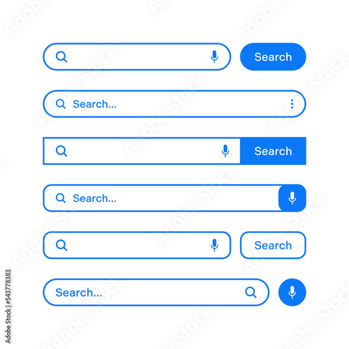 Various search bars with outline border. Internet browser engine with search box, address bar and text field. UI design, website interface element, web icons and push button. Vector illustration