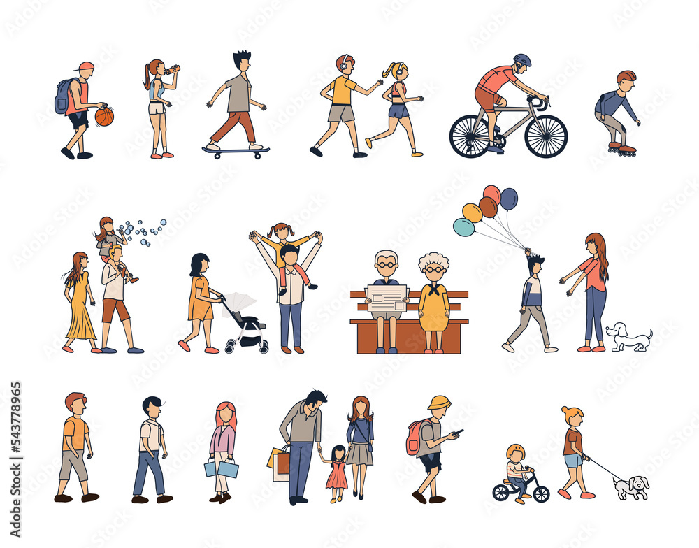 People group activities life style with happy family have fun flat cartoon characters ideas concept design set People group activities life style with happy family have fun flat cartoon characters ideas concept design set