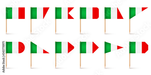 Realistic various Italian toothpick flags. Souvenir from Italy. Wooden toothpicks with paper flag. Location mark, map pointer. Blank mockup for advertising and promotions. Vector illustration