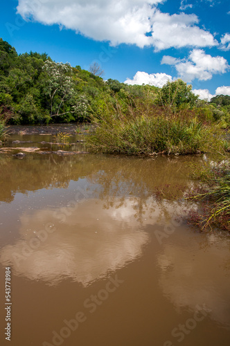 View of a beautiful river with a forest next to it and blue sky with clouds in the background