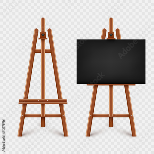 Realistic paint desk with blank black canvas. Wooden easel and a sheet of drawing paper. Presentation board on a tripod. Artwork mockup, template. Vector illustration