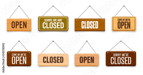 Wooden open or closed hanging signboards. Made of wood door sign for cafe, restaurant, bar or retail store. Announcement banner, information signage for business or service. Vector illustration