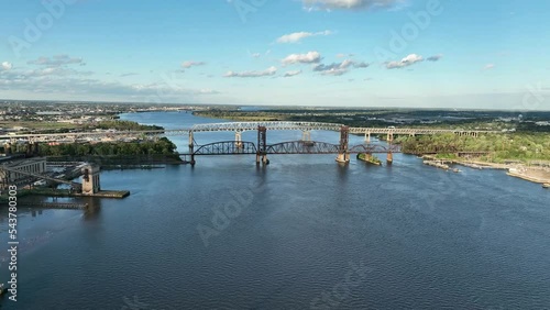 Aerial Flight on Delaware River Flying towards Betsy Ross Bridge and Delair Railroad Bridge photo