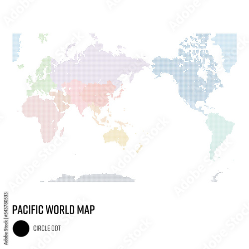 世界地図ドット 太平洋を中心とした世界 地域別にグループ