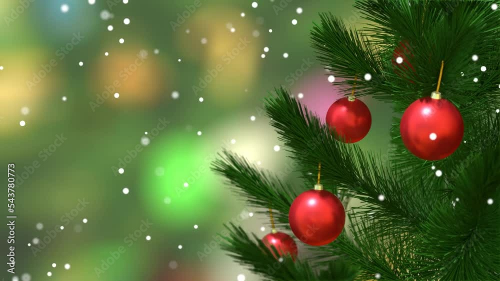 New Year or Christmas celebration video, happy holidays congratulation animation card. Christmas balls hanging from pine tree, snow falling on background New Year or Christmas celebration video, happy holidays congratulation animation card. Christmas balls hanging from pine tree, snow falling on background