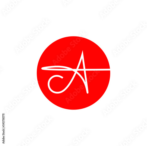 letter A calligraphy on red round. Comoany A Monogram. photo
