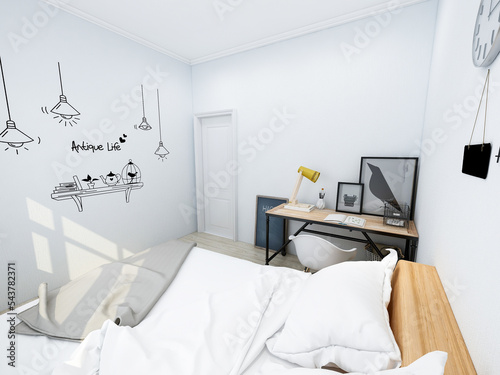 Interior design of bedroom with study room, 3D rendering © 宗毅