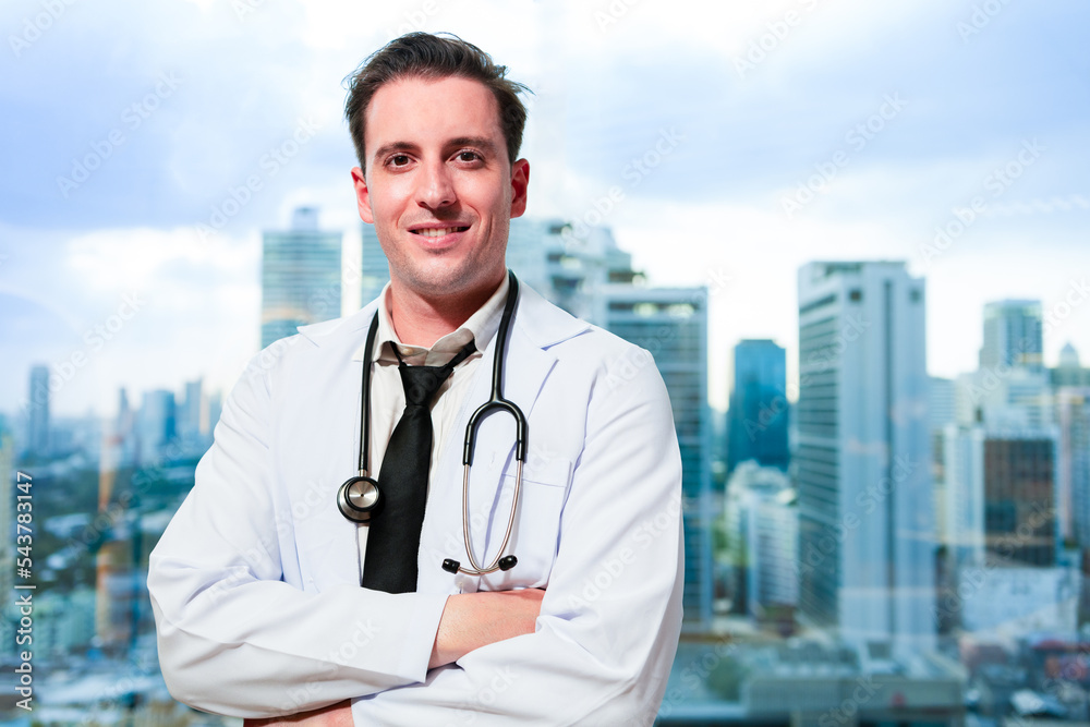 Portrait of Confident male physician smile, posing in hospital medical office. Expertise, professional doctor in uniform white lab coat holding clipboard medical records and stethoscope. Portrait of Confident male physician smile, posing in hospital medical office. Expertise, professional doctor in uniform white lab coat holding clipboard medical records and stethoscope.