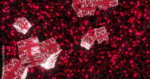 Christmas background. Red particle light twinkle behind all presents falling as infinite loop.