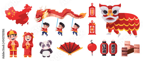 Chinese object icon set collection lion dance dragon panda asian festival character lampion