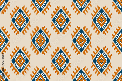 Fabric Indian style. Ethnic Ikat seamless pattern in tribal. Design for background, wallpaper, illustration, fabric, clothing, carpet, textile, batik, and embroidery.
