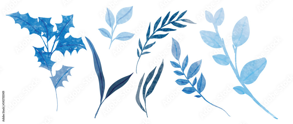 Fototapeta premium Set of winter botanical watercolor leaf branches background vector illustration. Collection of watercolor winter wild foliage on white background. Design for sticker, poster, banner, card, decoration.