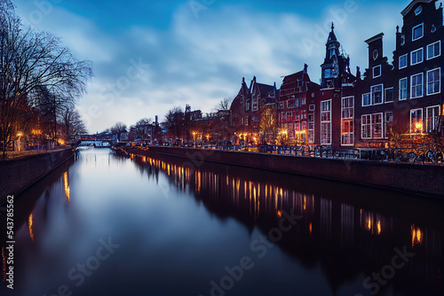 AI generated image of vintage Dutch houses with a canal inbetween at twilight, illuminated houses in Amsterdam 