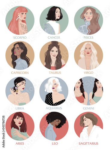 Set of hand drawn woman cartoon character with zodiac sign, word and stars vector illustration isolated on colorful circle and background.