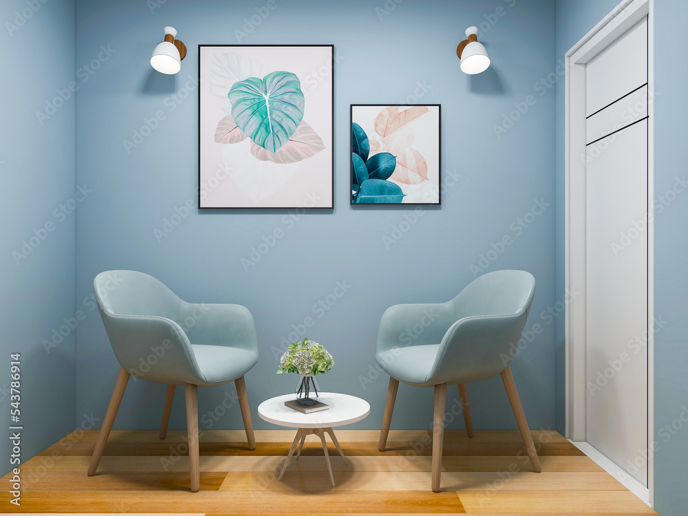 Tables and chairs are placed in the corridor of the house, 3D rendering Tables and chairs are placed in the corridor of the house, 3D rendering