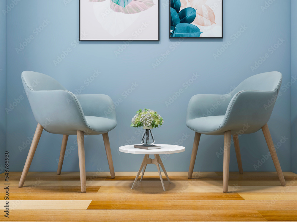 Fototapeta premium Tables and chairs are placed in the corridor of the house, 3D rendering