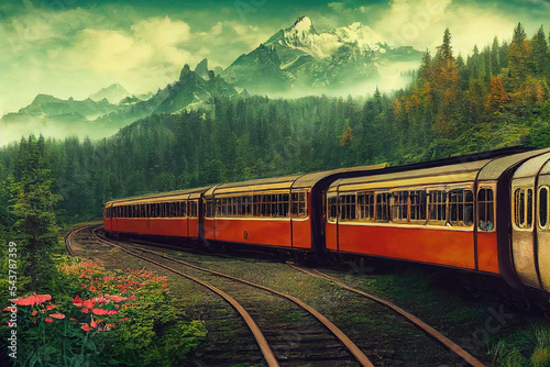 AI generated image of a train passing through hills with the Himalayas in the background. Himanchal Pradesh in India 