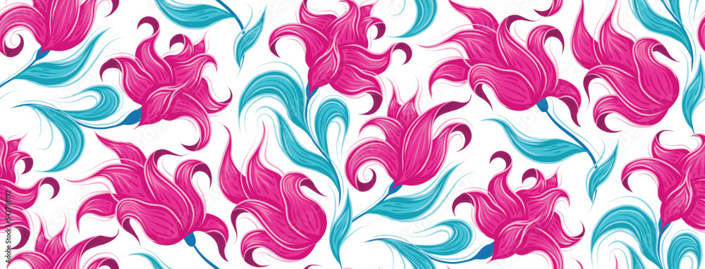 Vector neon pattern with fabulous curled pink flowers. Fairy tale blossom background. Fantastic floral texture