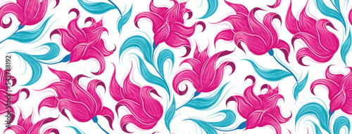 Vector neon pattern with fabulous curled pink flowers. Fairy tale blossom background. Fantastic floral texture