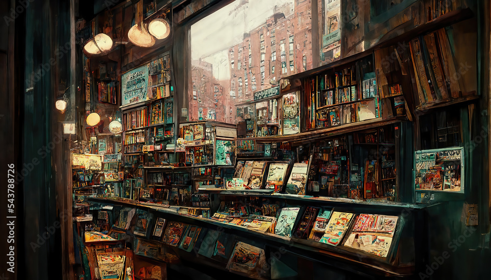 AI generated image of the inside of a vintage comic book store in New York 