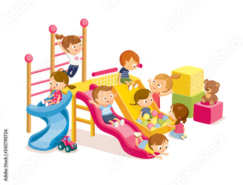 Children playing, hanging out, having fun, doing physical activity in fine good mood, on playroom, playground, going down slide, hanging on ladder. Vector illustration. Flat design.