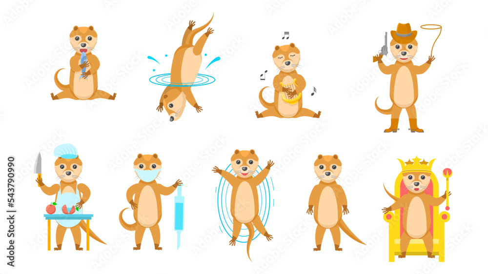 Fototapeta premium Set Abstract Collection Flat Cartoon Different Animal Otters Vector Design Style Elements Fauna Wildlife