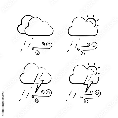 weather, rain with wind, rain with heat and wind, rain with lightning and wind, rain with heat, lightning and wind, icons, flat suitable for web and apps
