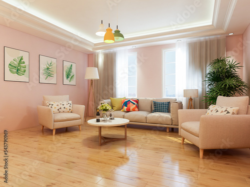 Interior design of modern residential living room  3d rendering