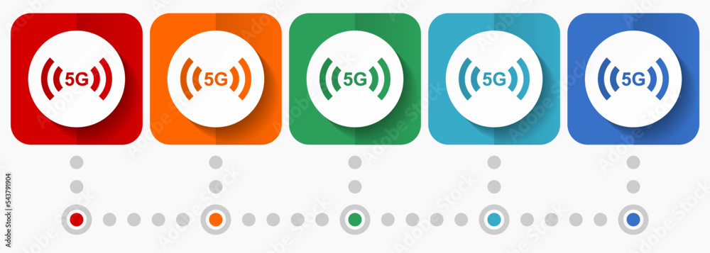 5G internet wireless communication, network vector icons, infographic template, set of flat design symbols in 5 color options