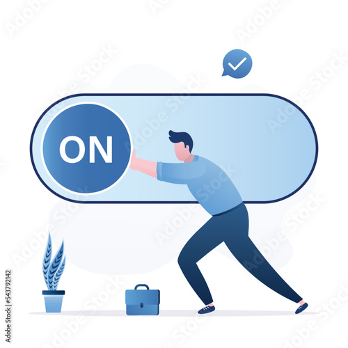 Turn on switch, smart entrepreneur pulling slider. Setting or preference in application. Change status, begin new business, startup. Businessman push setting button switch to on position.