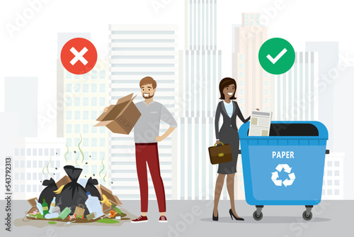 Waste management, littering behavior Infographic banner. People dispose of household waste. Various rubbish on floor- improper disposal of waste. Bin with paper garbage - correct.