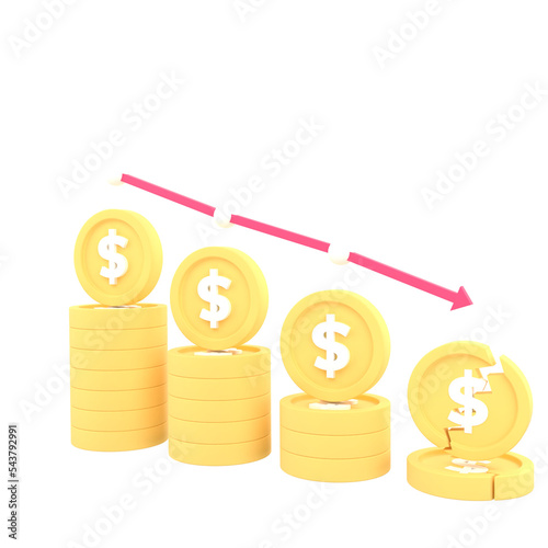 3D pile of gold coins and red arrows plummeting The concept of business failure of a pile of coins