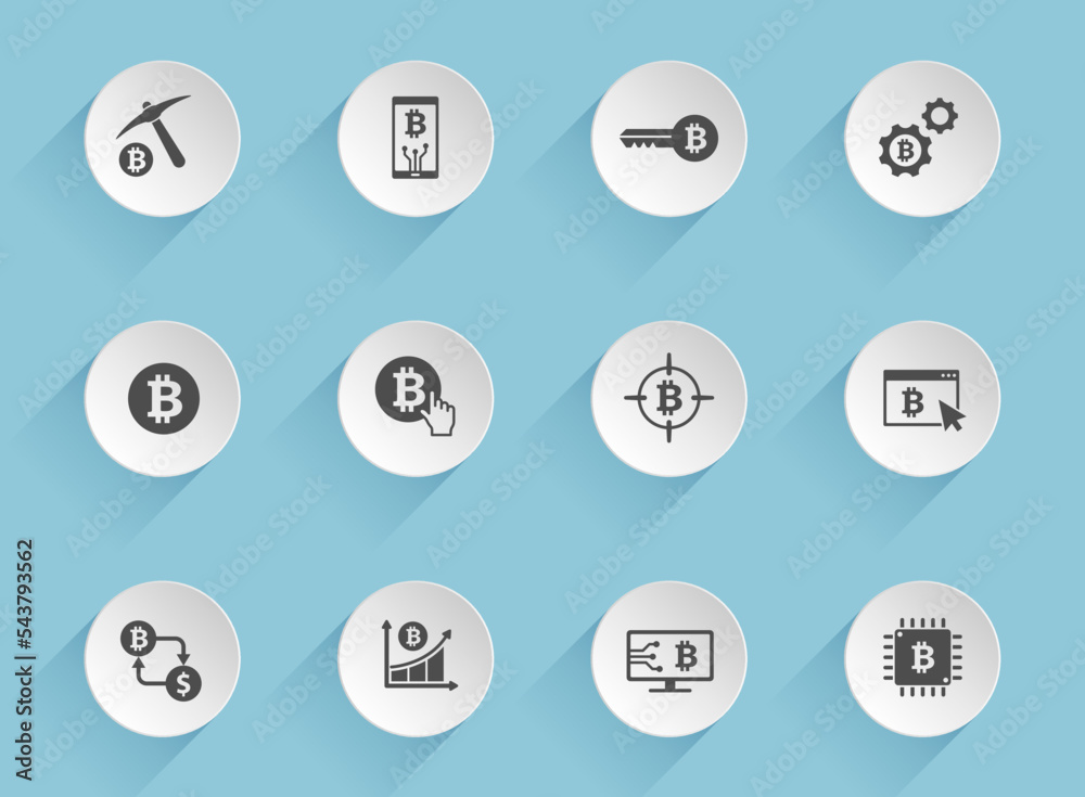 bitcoin vector icons on round puffy paper circles with transparent shadows on blue background. cryptocurrency stock vector icons for web, mobile and user interface design bitcoin vector icons on round puffy paper circles with transparent shadows on blue background. cryptocurrency stock vector icons for web, mobile and user interface design