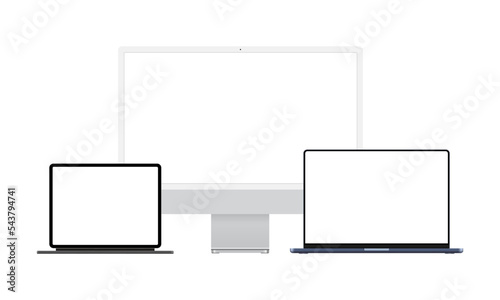 Silver Computer Monitor, Dark Blue Laptop and Tablet With Keyboard Stand, Isolated on White Background. Vector Illustration