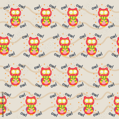 Seamless pattern with cute owl colorful doodle