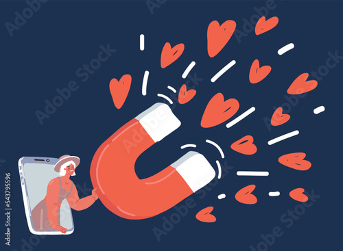 Vector illustraiton of woman attracting hearts with magnet. Love, romance, relationship. Character in smartphone