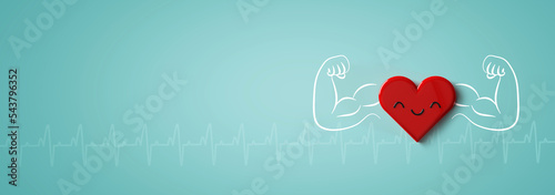 Fotografie red heart 3d rendering shape with line of human muscle arm on blue, concept of e