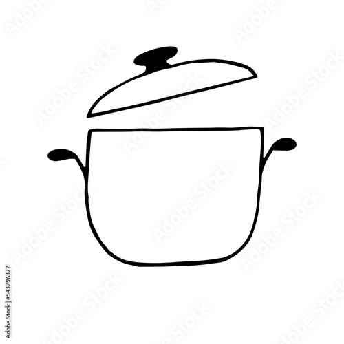 saucepan with lid hand drawn in doodle style. icon, sticker.