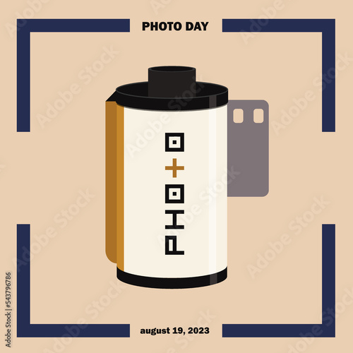 Illustration of photographic film cassette in flat style dedicated to World photo day in August 19, 2023	
