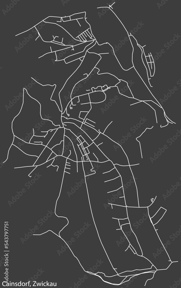 Detailed negative navigation white lines urban street roads map of the CAINSDORF DISTRICT of the German regional capital city of Zwickau, Germany on dark gray background